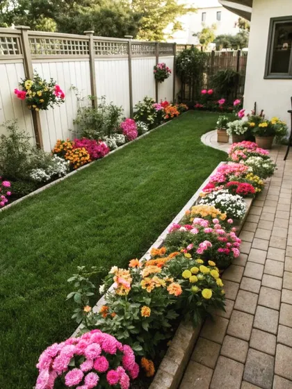 A charming cottage-style garden with a narrow lawn bordered by overflowing flower beds. The vibrant, colorful flowers create a cheerful and inviting atmosphere.