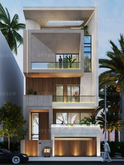 A 260 sq. yard residential design in Ram Vihar, featuring a deep, double-height balcony on the top floor. This creates a protected, shaded outdoor space with a commanding view.