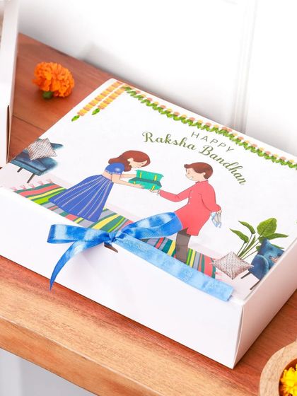 The illustrated lid of my Raksha Bandhan gift box. I believe the presentation is just as important as the gift inside, and this box adds a festive, personal touch.