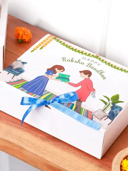 The illustrated lid of my Raksha Bandhan gift box. I believe the presentation is just as important as the gift inside, and this box adds a festive, personal touch.