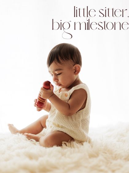 A little sitter, a big milestone. This high-key, minimalist shot on a white background creates a beautiful, airy, and modern portrait.