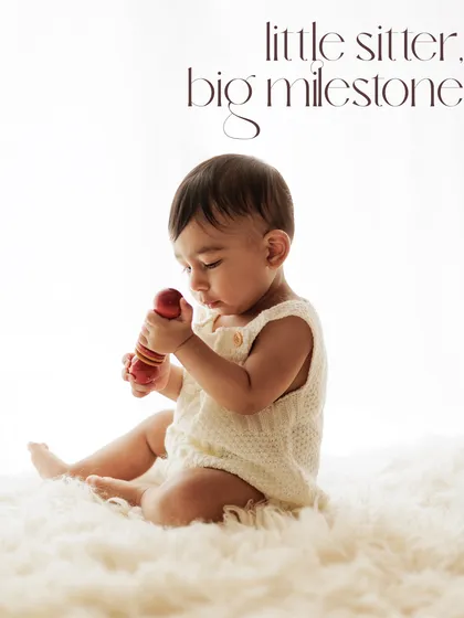 A little sitter, a big milestone. This high-key, minimalist shot on a white background creates a beautiful, airy, and modern portrait.