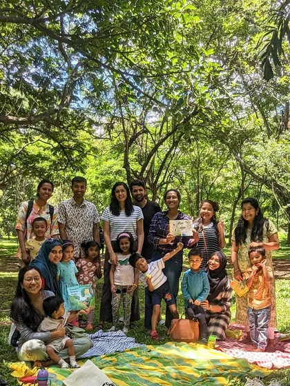 Photos from our 'Environment' week session. You can see the children learning about nature and conservation through engaging stories, right in the heart of nature itself.