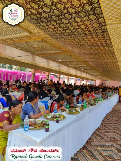 A wide view of a traditional feast under an ornate pandal. We cater to events of all scales, from simple functions to grand celebrations.