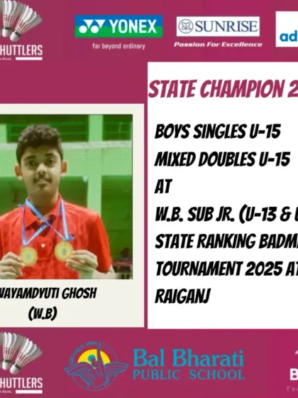 **West Bengal State Champion.** Swayamdyuti Ghosh with his two gold medals after winning both Boys' Singles and Mixed Doubles U-15 titles at the state ranking tournament in Raiganj.