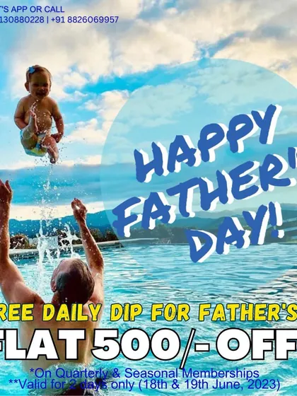 Another Father's Day celebration. A joyful image of a dad tossing his child in the air at the pool, paired with our special offer of a free dip and membership discounts for fathers.
