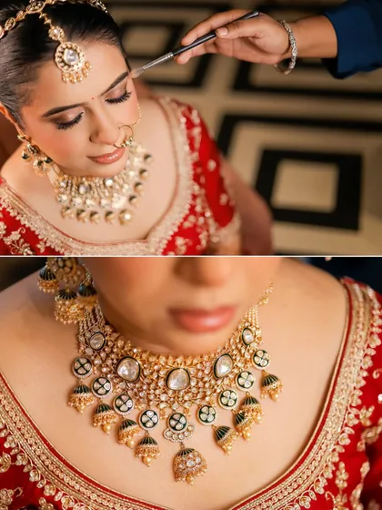 A collage showing the final touches of the bridal look. The top image shows a makeup artist at work, while the bottom provides a detailed close up of the bride's stunning statement necklace.