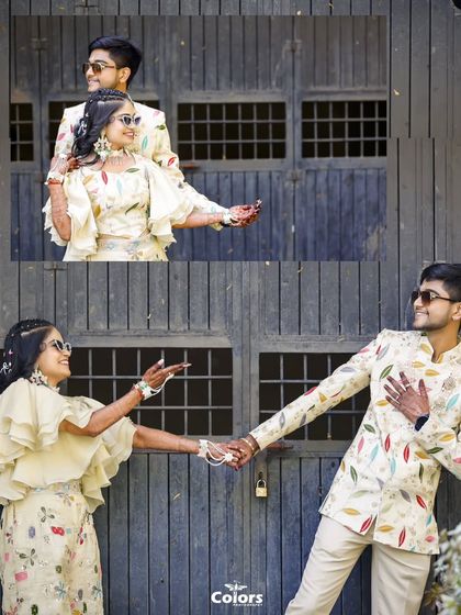 A collage combining two different poses against a rustic wooden door, showcasing the couple's stylish outfits.