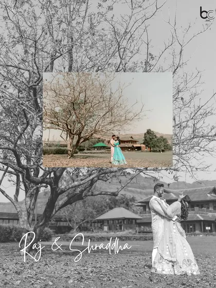 A creative, artistic edit showing the couple in a beautiful outdoor setting, blending a color photo with a black and white background for a timeless feel.