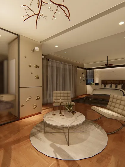 Another angle of the master suite, highlighting the glass partition that separates the wardrobe area. This maintains an open feel while providing a sense of division.