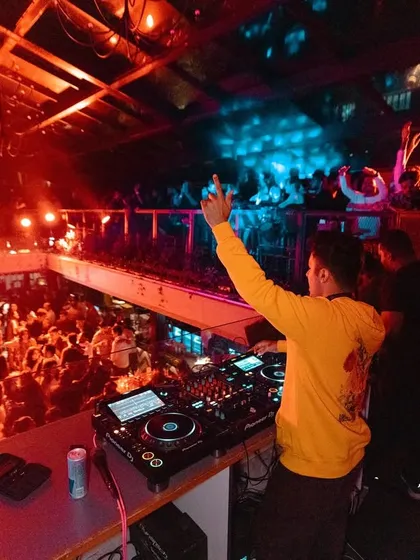A high-angle shot from my debut in Chennai. The packed, two-level venue was electric, and the energy was non-stop all night.