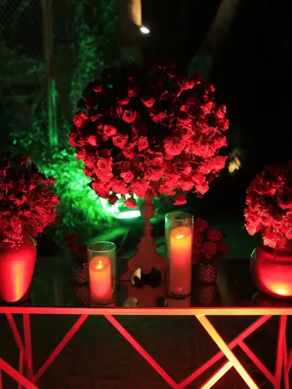 Bold floral arrangements were key to this event's decor. We used large bouquets of deep red roses, illuminated by soft lighting, to create dramatic and romantic focal points throughout the space.