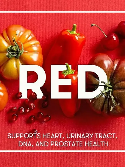 Red foods like tomatoes and pomegranates contain phytonutrients that support heart, urinary tract, and DNA health.