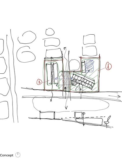 This concept sketch for the Radisson Resort shows the initial idea of breaking down the building's mass. The design evolved from an understanding of the site, its topography, and the need to create a dialogue between the built form and the natural environment.