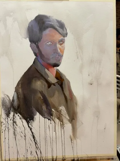 The portrait in its early stages, where I've blocked in the main shapes and tones.
