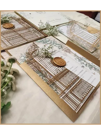 An enchanted fairytale wedding comes to life with this intricate laser-cut gatefold design. Finished with a custom wax seal, this physical invitation offers a tangible sense of magic and anticipation for the special day.