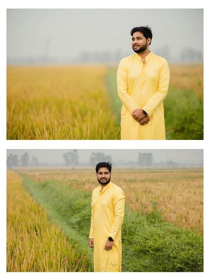 Two portraits of the groom in a yellow field, capturing both a candid and a posed look.