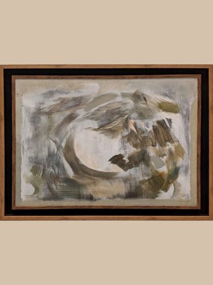 A rare 1980s abstract work by Sachida Nagdev, combining acrylics, oils, and instinctive mark-making. Windswept strokes circle inward, like time folding into a sacred ruin.