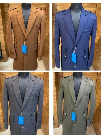 A selection of my long coats, perfect for winter weddings or receptions. They are available in various colors like brown, navy blue, charcoal grey, and olive green.