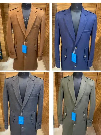 A selection of my long coats, perfect for winter weddings or receptions. They are available in various colors like brown, navy blue, charcoal grey, and olive green.
