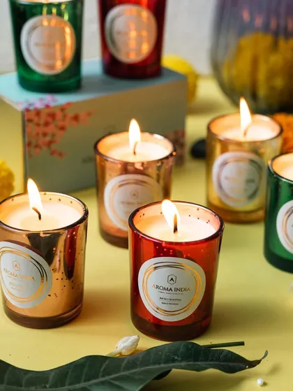 Celebrate the season of light with our festive candle sets. These mini soy candles in vibrant, metallic jars are perfect for gifting or arranging around your home to create a warm, inviting glow for special occasions like Dhanteras and Diwali.
