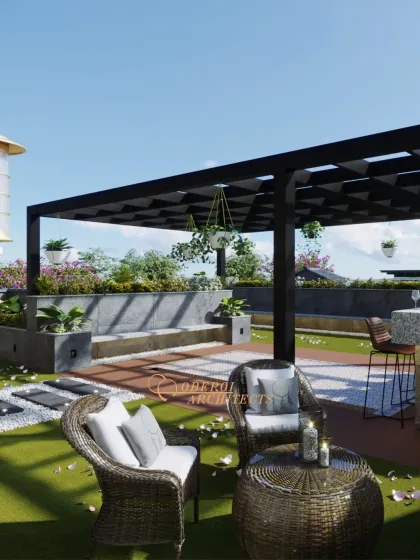 We extend luxury living to the outdoors. This rooftop terrace was designed as an urban oasis, complete with a modern pergola, integrated seating, and lush greenery, creating a perfect setting for relaxation and entertainment.