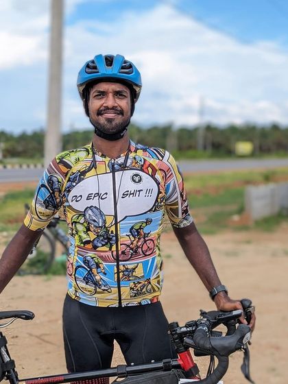 The look of a champion. This rider's comic-themed jersey says it all: "Do Epic Shit." He certainly did, completing the challenging Jog Falls 1000K BRM.
