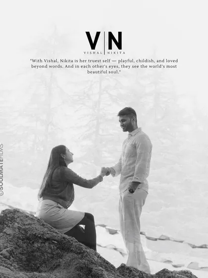 Set against a misty mountain backdrop, this black and white pre-wedding portrait feels timeless. The quote "With Vishal, Nikita is her truest self" was the core idea for their shoot. My goal is to create a space where you can be completely yourselves.