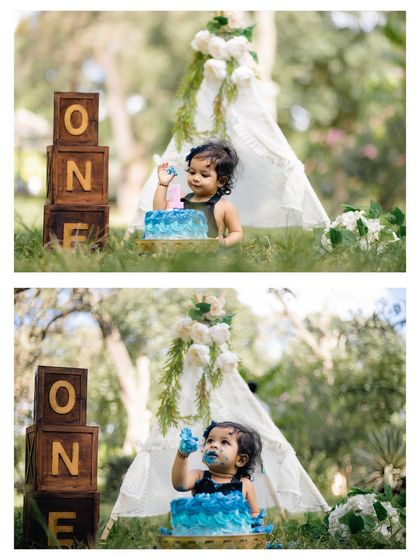A duplicate of image 37, a two-panel collage of the baby girl enjoying her cake.