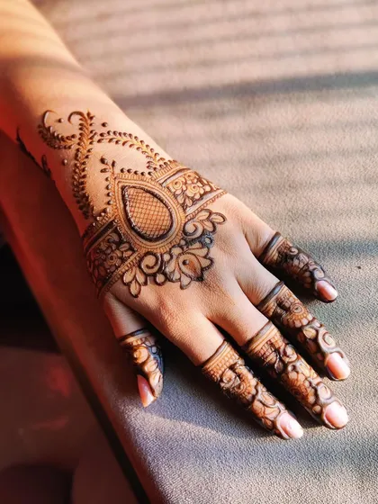 A perfect example of a simple yet elegant party henna. This design features a prominent central element on the back of the hand, with delicate patterns on the fingers, leaving some skin showing for a modern look.