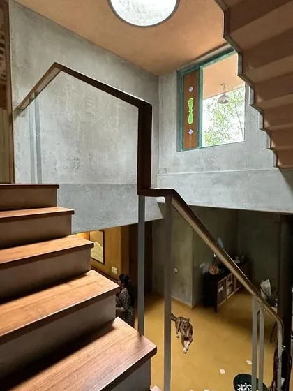 The interior of the artist's residence is a multi-level space connected by open staircases. The design uses a mix of wood, concrete, and earthy yellow floors to create a warm, flowing environment that encourages movement and connection.