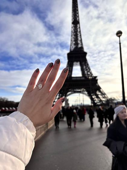 A proposal in Paris is a classic for a reason. I was honored to craft the oval solitaire diamond ring that sealed this unforgettable moment in front of the Eiffel Tower.
