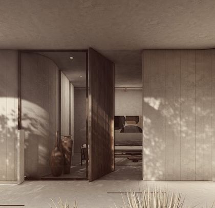 The kitchen in the Pavilions in the Fields project is designed as a central gathering point. A large island provides ample workspace and seating, while the open layout connects it to the dining area and views of the paddy fields.