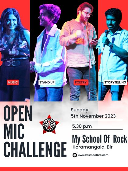 The poster for Open Mic Challenge 69, featuring photos of past performers in music, stand-up, poetry, and storytelling.