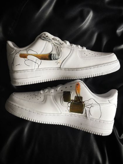 A top-down view of the stoner-themed custom sneakers.