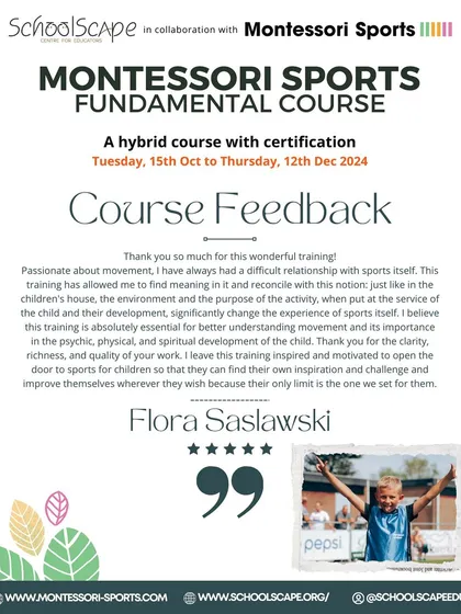 Positive feedback from a past participant of the Montessori Sports course, highlighting how it helped her find meaning and inspiration in movement.