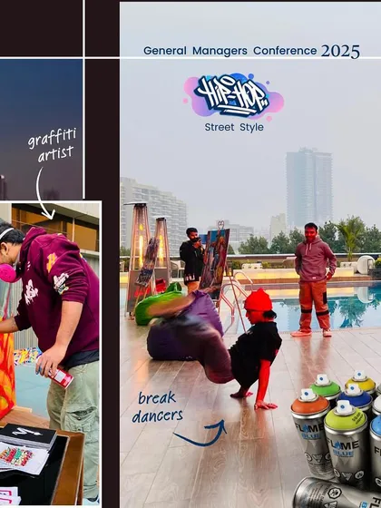 The scene at the Hilton poolside. While I was painting, we had break dancers and other performers creating a full street style experience. This is how I bring the energy of hip-hop culture to corporate events.