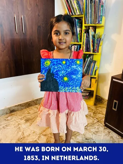 This young artist is proudly showing off her version of Van Gogh's 'Starry Night'. Our 'Know Thy Artist' workshops are designed to introduce children to famous artists in a fun and accessible way.