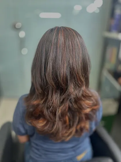 The back view of these copper brown highlights shows the dimension and texture created by the color. The layered cut helps the highlights stand out even more.