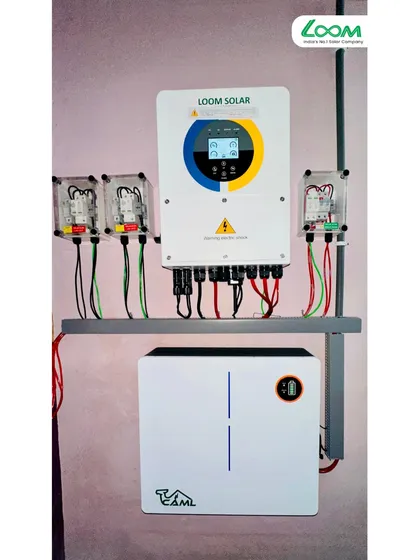 A closer look at the 5kW hybrid system installed in Sultanpur, UP. The combination of a smart inverter and a wall-mounted lithium battery provides a reliable and sustainable energy solution.