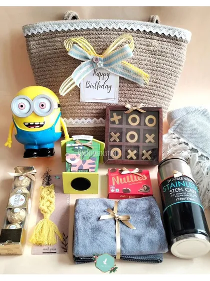 Gifting is all about the vibe, even for the little ones. This fun Minion-themed birthday hamper was a joy to create, mixing playful toys with tasty treats and useful items, all packed in a lovely reusable jute basket.