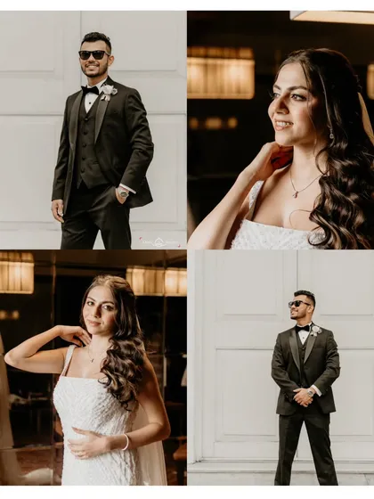 A collage of the bride and groom's individual portraits after getting ready. They both look stunning and ready for their big day.
