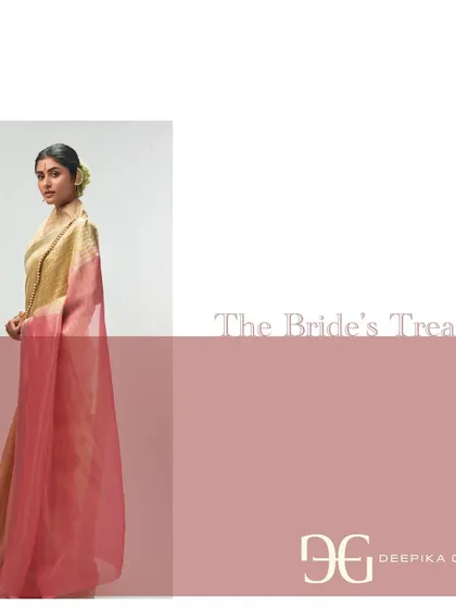 The side profile of this pale yellow tissue jacquard saree highlights its elegant drape and the modern high-neck blouse pairing. It's a perfect example of how I blend tradition with contemporary styling.