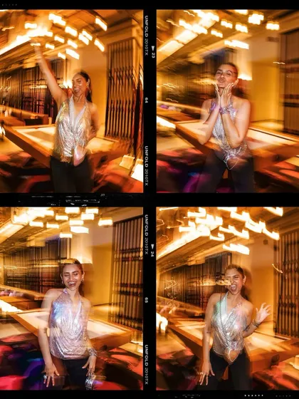 A collage of motion-blur photos from a hotel hallway shoot. The effect is playful and captures a sense of fun and movement.