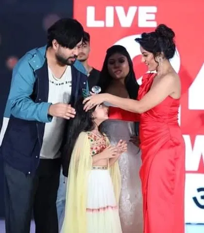 A special moment on stage with actress Deepika Singh during a crowning ceremony at an event. I also styled the adorable child model for this show.