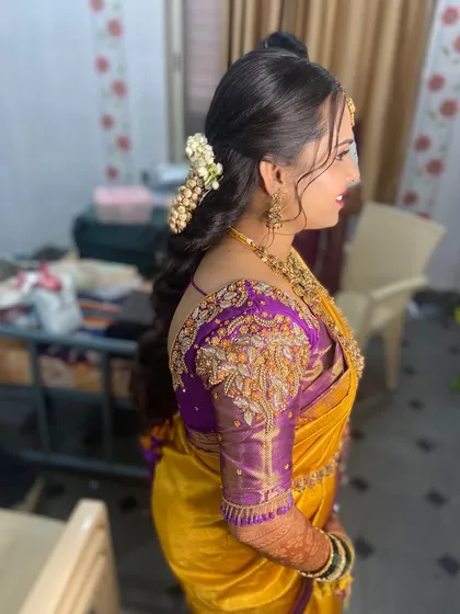 A side profile of the modern floral braid, showing how it beautifully frames the face.
