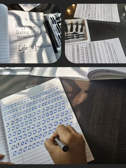 Handwriting is an art form. This collage shows the foundational practice that goes into my calligraphy and handwriting improvement classes. We work on everything from basic strokes to forming beautiful, confident letters.