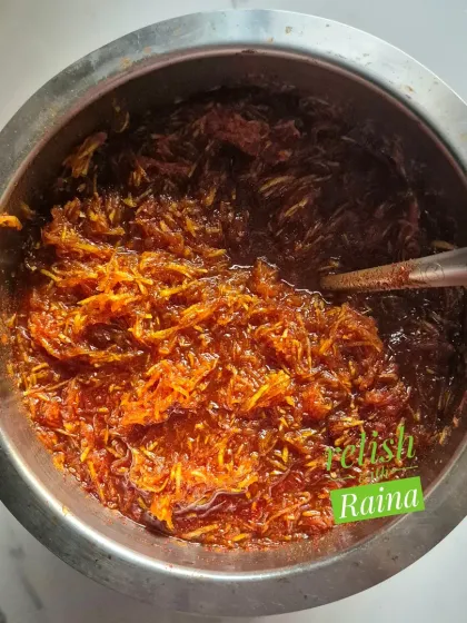 This is my Sundried Chhunda, a traditional Gujarati sweet pickle made with grated raw mango and sugar. I cook it slowly in the sunlight for about 10 days, a long process that results in a uniquely delicious, translucent, and syrupy pickle.