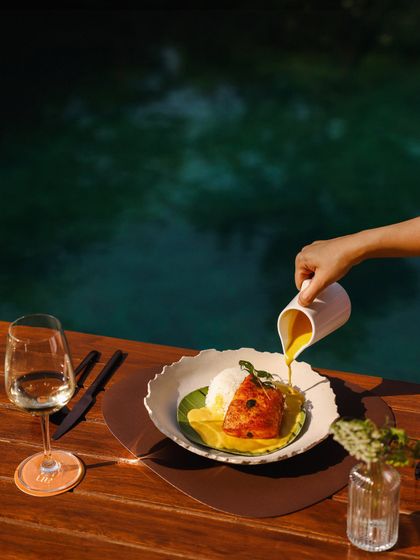 A hand pours a rich sauce over a piece of grilled fish, a dynamic shot capturing the final touch of a gourmet dish.