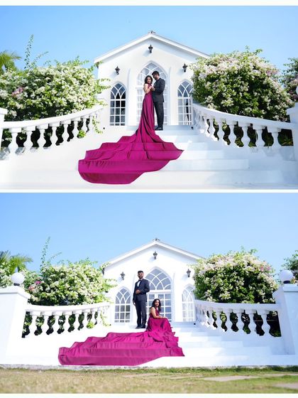 The flowing trail of the gown creates a beautiful visual line, leading the eye up the grand staircase to the couple in this glamorous shot.